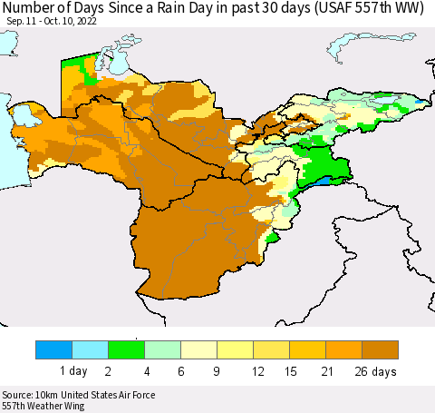 Central Asia Number of Days Since a Rain Day in past 30 days (USAF 557th WW) Thematic Map For 10/6/2022 - 10/10/2022