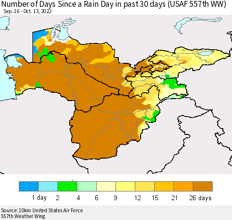 Central Asia Number of Days Since a Rain Day in past 30 days (USAF 557th WW) Thematic Map For 10/11/2022 - 10/15/2022