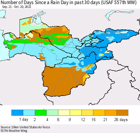 Central Asia Number of Days Since a Rain Day in past 30 days (USAF 557th WW) Thematic Map For 10/16/2022 - 10/20/2022