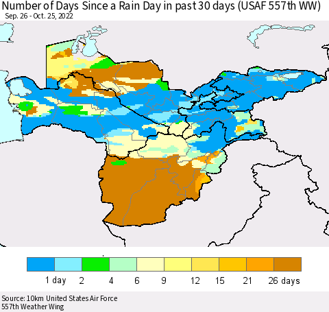 Central Asia Number of Days Since a Rain Day in past 30 days (USAF 557th WW) Thematic Map For 10/21/2022 - 10/25/2022