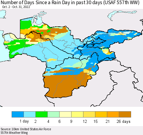 Central Asia Number of Days Since a Rain Day in past 30 days (USAF 557th WW) Thematic Map For 10/26/2022 - 10/31/2022