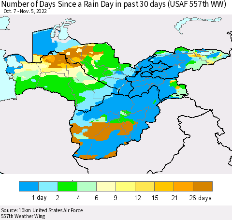 Central Asia Number of Days Since a Rain Day in past 30 days (USAF 557th WW) Thematic Map For 11/1/2022 - 11/5/2022