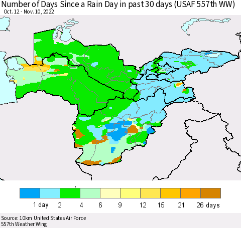 Central Asia Number of Days Since a Rain Day in past 30 days (USAF 557th WW) Thematic Map For 11/6/2022 - 11/10/2022
