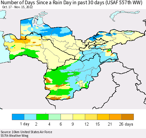 Central Asia Number of Days Since a Rain Day in past 30 days (USAF 557th WW) Thematic Map For 11/11/2022 - 11/15/2022