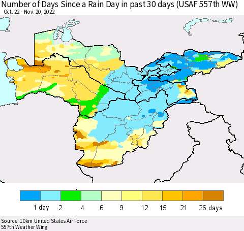 Central Asia Number of Days Since a Rain Day in past 30 days (USAF 557th WW) Thematic Map For 11/16/2022 - 11/20/2022