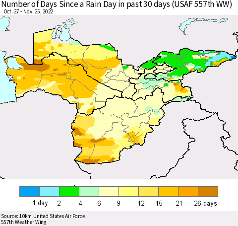 Central Asia Number of Days Since a Rain Day in past 30 days (USAF 557th WW) Thematic Map For 11/21/2022 - 11/25/2022