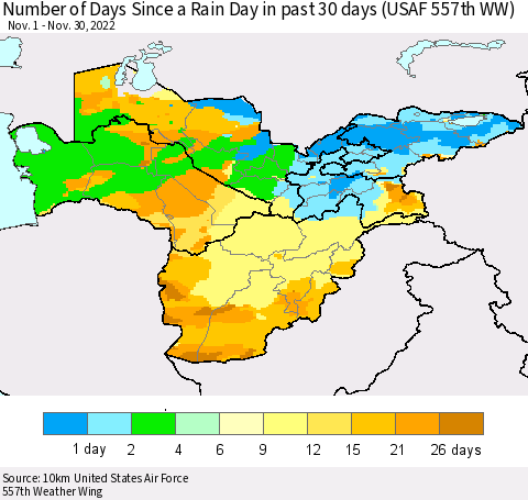 Central Asia Number of Days Since a Rain Day in past 30 days (USAF 557th WW) Thematic Map For 11/26/2022 - 11/30/2022