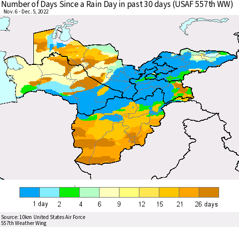 Central Asia Number of Days Since a Rain Day in past 30 days (USAF 557th WW) Thematic Map For 12/1/2022 - 12/5/2022