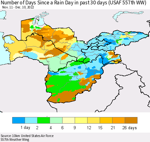 Central Asia Number of Days Since a Rain Day in past 30 days (USAF 557th WW) Thematic Map For 12/6/2022 - 12/10/2022