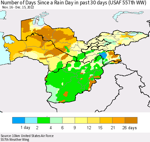 Central Asia Number of Days Since a Rain Day in past 30 days (USAF 557th WW) Thematic Map For 12/11/2022 - 12/15/2022