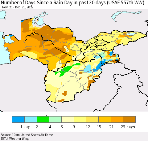 Central Asia Number of Days Since a Rain Day in past 30 days (USAF 557th WW) Thematic Map For 12/16/2022 - 12/20/2022