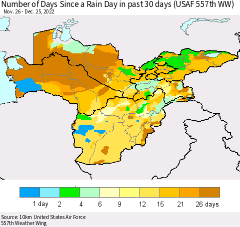 Central Asia Number of Days Since a Rain Day in past 30 days (USAF 557th WW) Thematic Map For 12/21/2022 - 12/25/2022