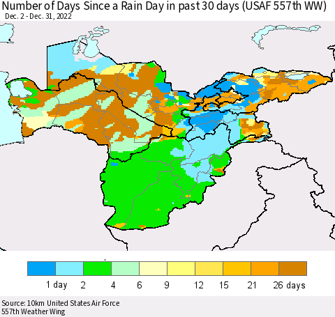 Central Asia Number of Days Since a Rain Day in past 30 days (USAF 557th WW) Thematic Map For 12/26/2022 - 12/31/2022