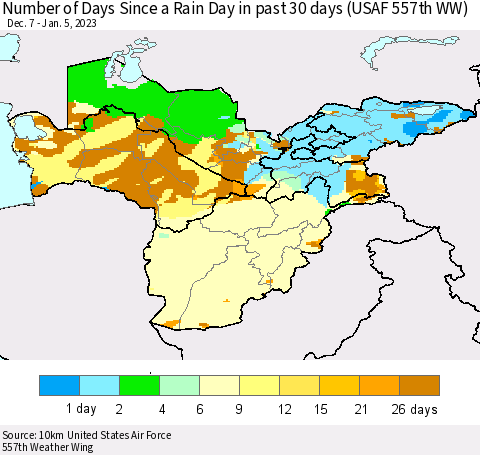Central Asia Number of Days Since a Rain Day in past 30 days (USAF 557th WW) Thematic Map For 1/1/2023 - 1/5/2023