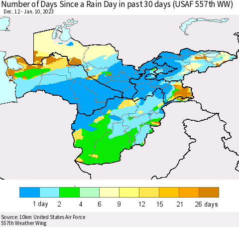 Central Asia Number of Days Since a Rain Day in past 30 days (USAF 557th WW) Thematic Map For 1/6/2023 - 1/10/2023