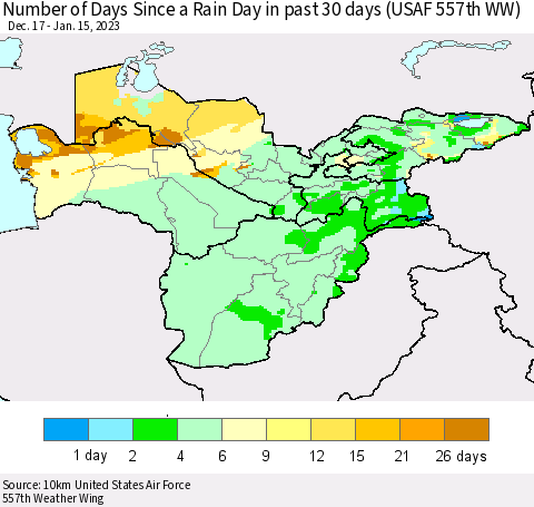 Central Asia Number of Days Since a Rain Day in past 30 days (USAF 557th WW) Thematic Map For 1/11/2023 - 1/15/2023