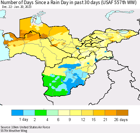 Central Asia Number of Days Since a Rain Day in past 30 days (USAF 557th WW) Thematic Map For 1/16/2023 - 1/20/2023
