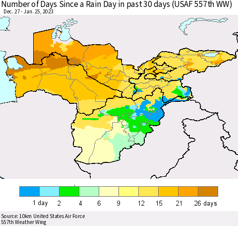 Central Asia Number of Days Since a Rain Day in past 30 days (USAF 557th WW) Thematic Map For 1/21/2023 - 1/25/2023
