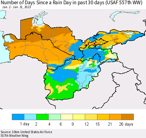 Central Asia Number of Days Since a Rain Day in past 30 days (USAF 557th WW) Thematic Map For 1/26/2023 - 1/31/2023