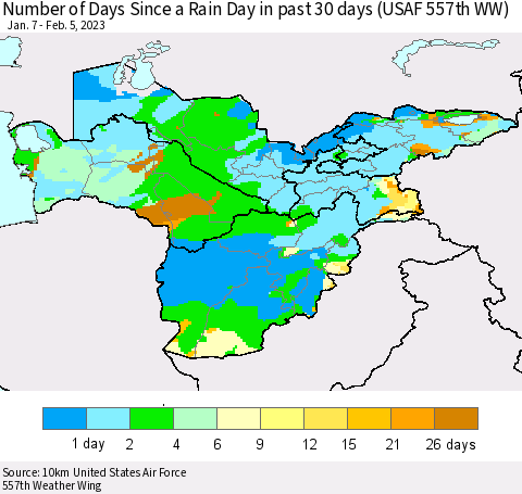 Central Asia Number of Days Since a Rain Day in past 30 days (USAF 557th WW) Thematic Map For 2/1/2023 - 2/5/2023