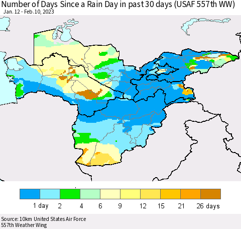 Central Asia Number of Days Since a Rain Day in past 30 days (USAF 557th WW) Thematic Map For 2/6/2023 - 2/10/2023