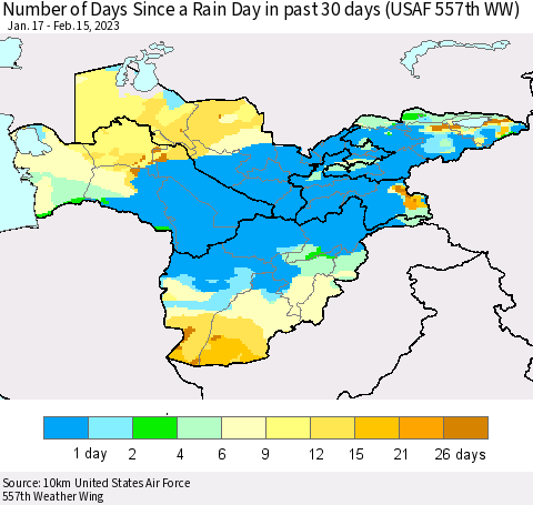 Central Asia Number of Days Since a Rain Day in past 30 days (USAF 557th WW) Thematic Map For 2/11/2023 - 2/15/2023