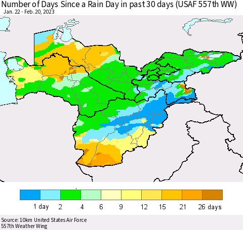 Central Asia Number of Days Since a Rain Day in past 30 days (USAF 557th WW) Thematic Map For 2/16/2023 - 2/20/2023