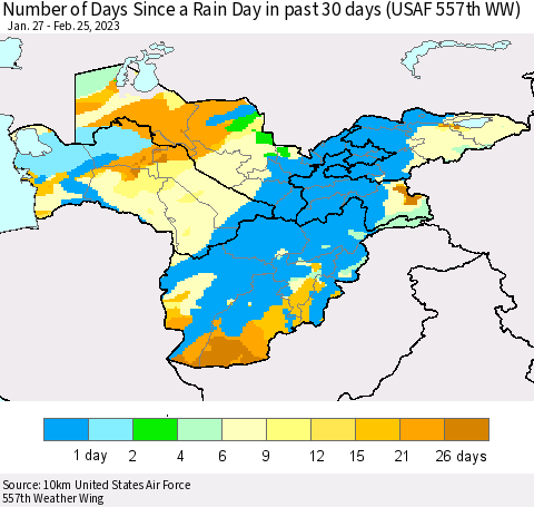 Central Asia Number of Days Since a Rain Day in past 30 days (USAF 557th WW) Thematic Map For 2/21/2023 - 2/25/2023