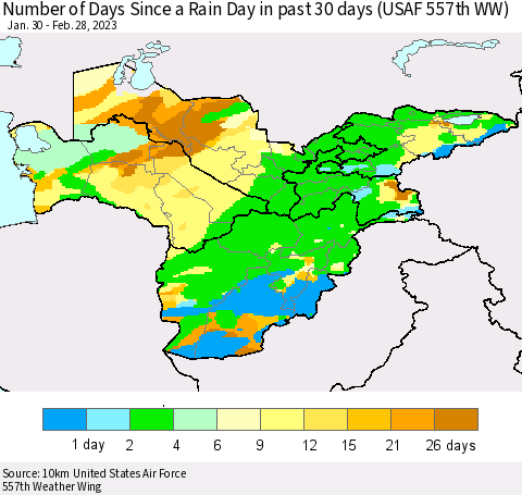 Central Asia Number of Days Since a Rain Day in past 30 days (USAF 557th WW) Thematic Map For 2/26/2023 - 2/28/2023
