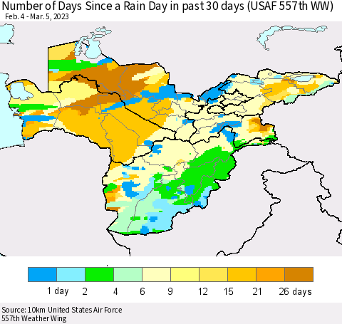 Central Asia Number of Days Since a Rain Day in past 30 days (USAF 557th WW) Thematic Map For 3/1/2023 - 3/5/2023