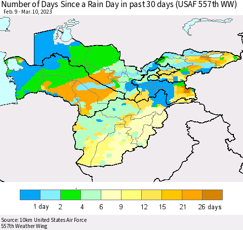 Central Asia Number of Days Since a Rain Day in past 30 days (USAF 557th WW) Thematic Map For 3/6/2023 - 3/10/2023
