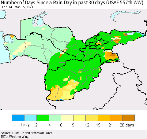 Central Asia Number of Days Since a Rain Day in past 30 days (USAF 557th WW) Thematic Map For 3/11/2023 - 3/15/2023