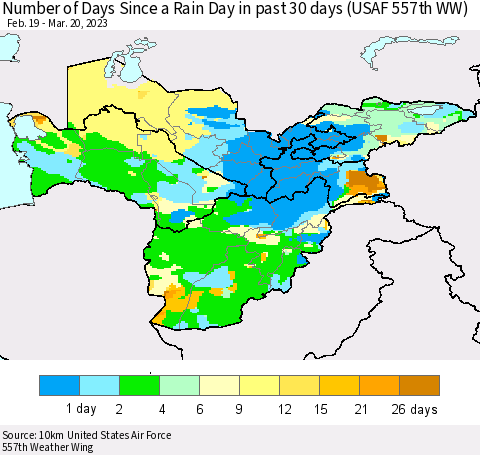 Central Asia Number of Days Since a Rain Day in past 30 days (USAF 557th WW) Thematic Map For 3/16/2023 - 3/20/2023