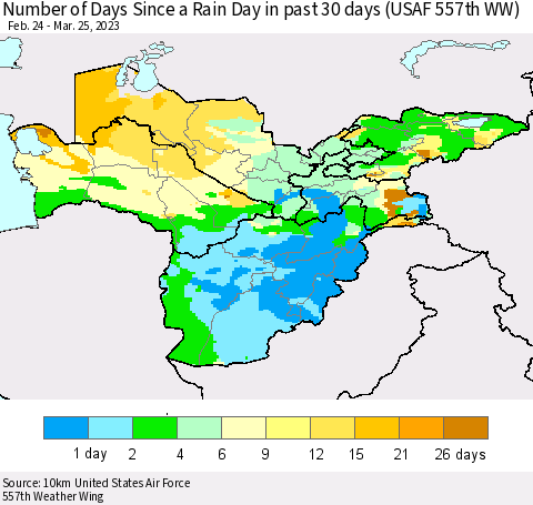 Central Asia Number of Days Since a Rain Day in past 30 days (USAF 557th WW) Thematic Map For 3/21/2023 - 3/25/2023