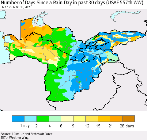 Central Asia Number of Days Since a Rain Day in past 30 days (USAF 557th WW) Thematic Map For 3/26/2023 - 3/31/2023