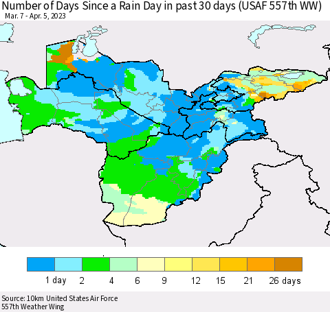 Central Asia Number of Days Since a Rain Day in past 30 days (USAF 557th WW) Thematic Map For 4/1/2023 - 4/5/2023