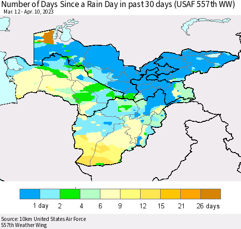 Central Asia Number of Days Since a Rain Day in past 30 days (USAF 557th WW) Thematic Map For 4/6/2023 - 4/10/2023