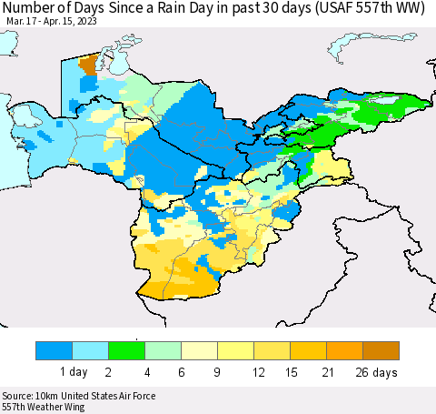Central Asia Number of Days Since a Rain Day in past 30 days (USAF 557th WW) Thematic Map For 4/11/2023 - 4/15/2023