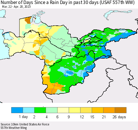 Central Asia Number of Days Since a Rain Day in past 30 days (USAF 557th WW) Thematic Map For 4/16/2023 - 4/20/2023