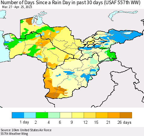 Central Asia Number of Days Since a Rain Day in past 30 days (USAF 557th WW) Thematic Map For 4/21/2023 - 4/25/2023