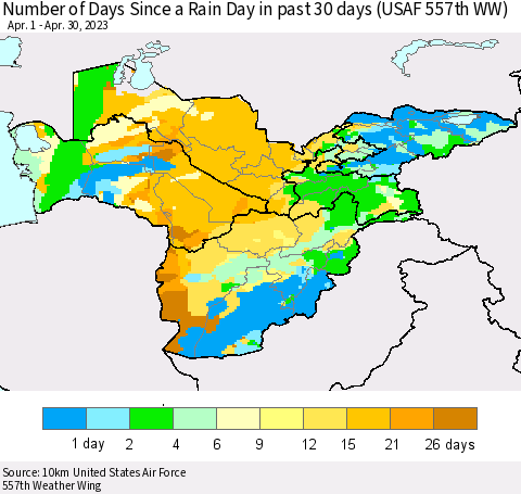 Central Asia Number of Days Since a Rain Day in past 30 days (USAF 557th WW) Thematic Map For 4/26/2023 - 4/30/2023