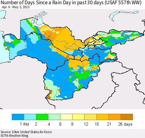 Central Asia Number of Days Since a Rain Day in past 30 days (USAF 557th WW) Thematic Map For 5/1/2023 - 5/5/2023