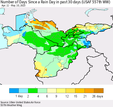 Central Asia Number of Days Since a Rain Day in past 30 days (USAF 557th WW) Thematic Map For 5/6/2023 - 5/10/2023