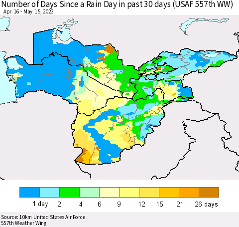 Central Asia Number of Days Since a Rain Day in past 30 days (USAF 557th WW) Thematic Map For 5/11/2023 - 5/15/2023