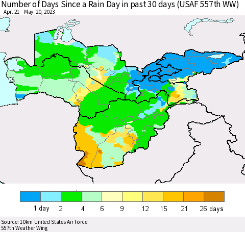 Central Asia Number of Days Since a Rain Day in past 30 days (USAF 557th WW) Thematic Map For 5/16/2023 - 5/20/2023
