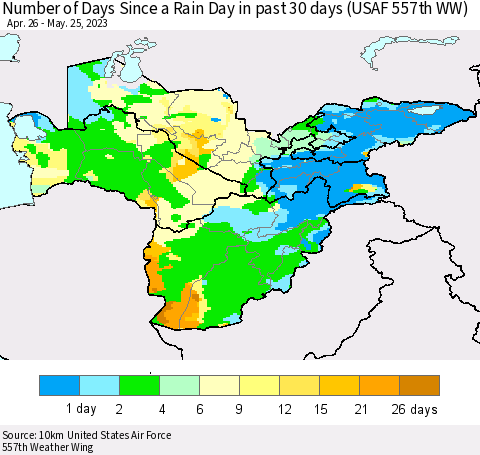 Central Asia Number of Days Since a Rain Day in past 30 days (USAF 557th WW) Thematic Map For 5/21/2023 - 5/25/2023