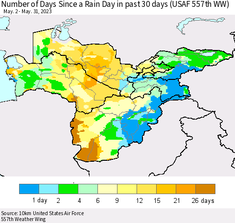 Central Asia Number of Days Since a Rain Day in past 30 days (USAF 557th WW) Thematic Map For 5/26/2023 - 5/31/2023