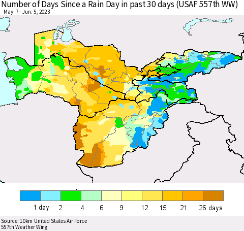 Central Asia Number of Days Since a Rain Day in past 30 days (USAF 557th WW) Thematic Map For 6/1/2023 - 6/5/2023