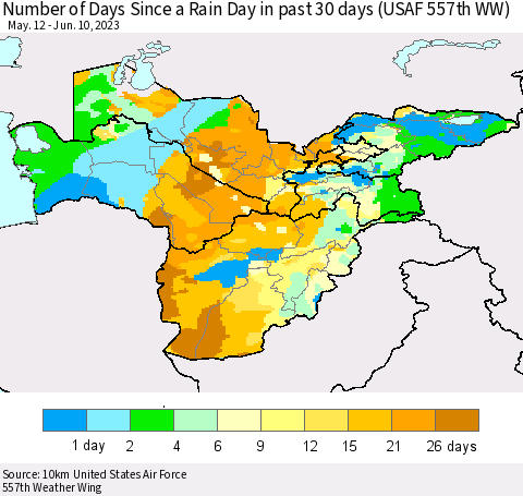 Central Asia Number of Days Since a Rain Day in past 30 days (USAF 557th WW) Thematic Map For 6/6/2023 - 6/10/2023