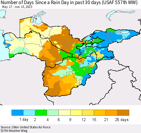 Central Asia Number of Days Since a Rain Day in past 30 days (USAF 557th WW) Thematic Map For 6/11/2023 - 6/15/2023
